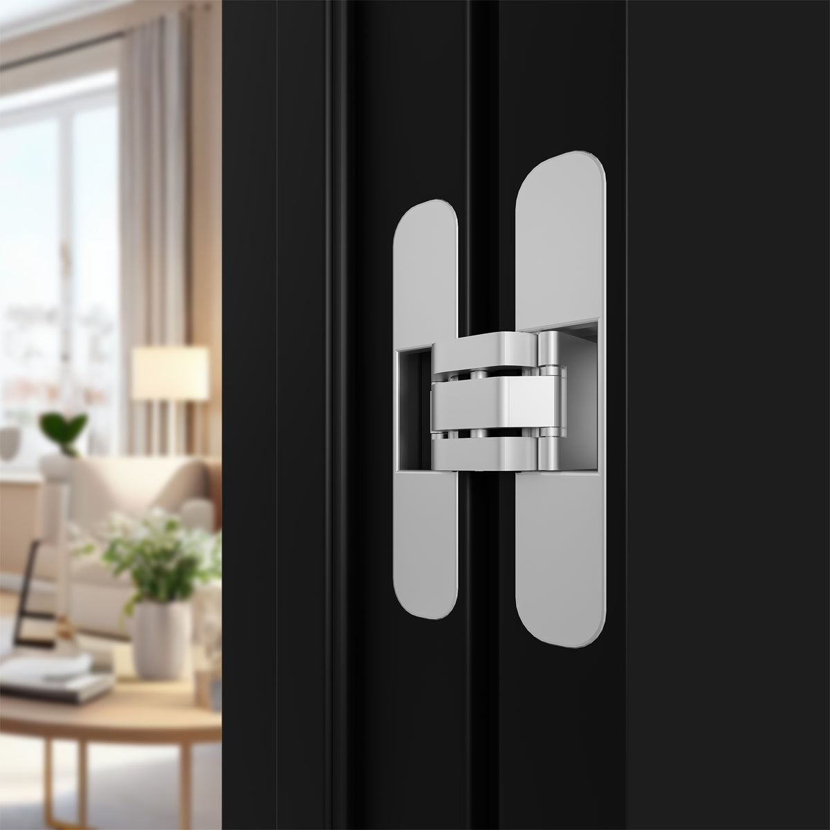 Close-up of a modern door handle on a black door with a blurred interior background