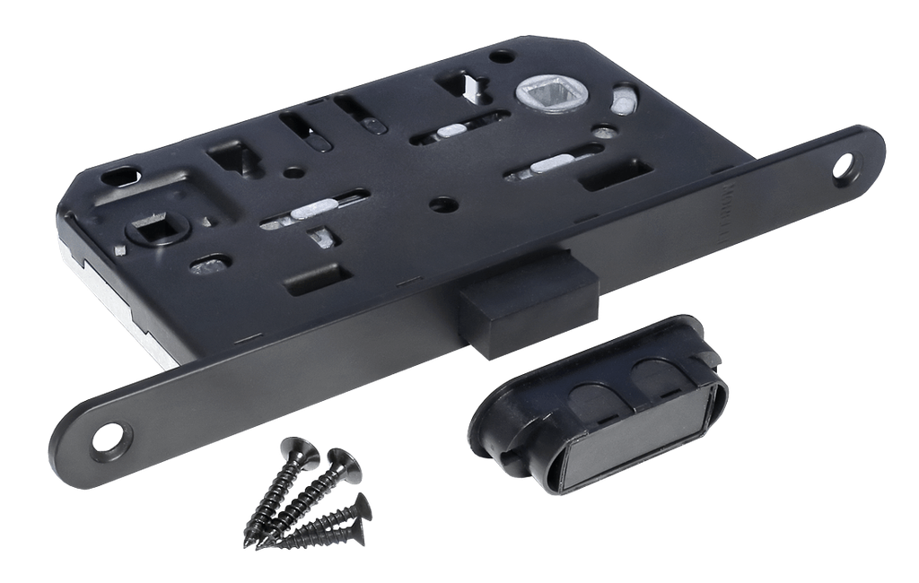 Black door lock mechanism with four screws and a small black plastic cover
