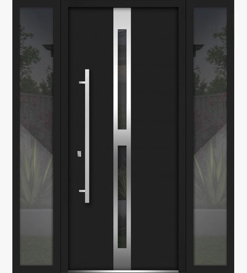 Front Exterior Prehung Steel Door / Deux 1755 Black Enamel / 2 Side Exterior Windows / Stainless Inserts Single Modern Painted-W16+36+16" x H80"-Right-hand Inswing