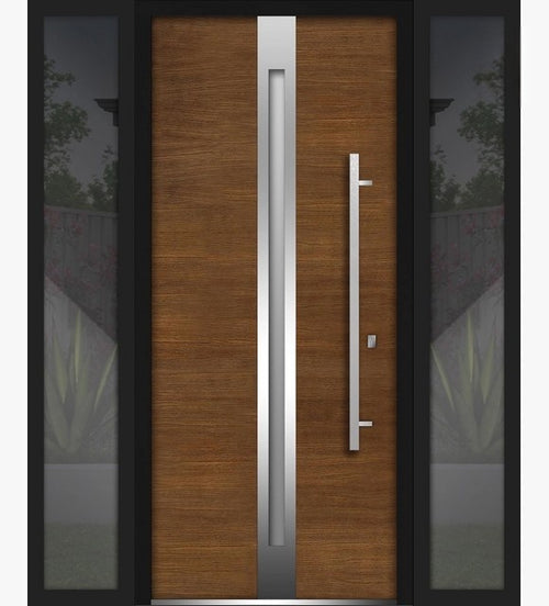 Front Exterior Prehung Steel Door / Deux 1744 Natural Oak / 2 Side Exterior Black Windows / Stainless Inserts Single Modern Painted-W16+36+16" x H80"-Left-hand Inswing