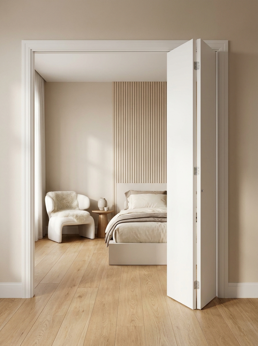 White bi-fold closet doors in a minimalist interior