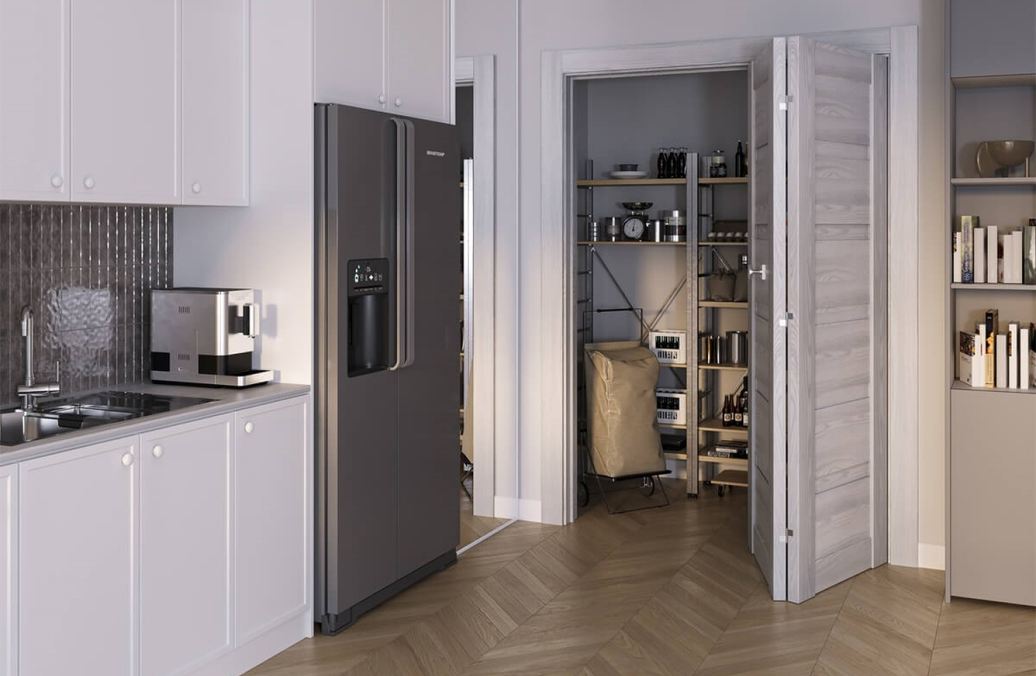 Bi-fold closet doors opening from a kitchen space