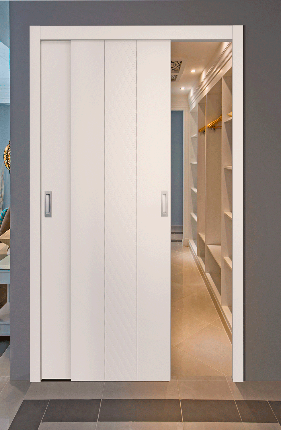 Modern wood-tone interior door in a bright room