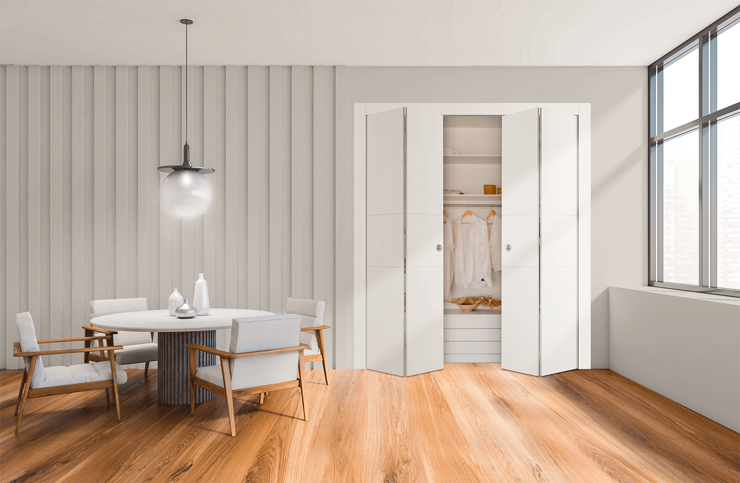 Scandinavian white door style in a soft gray interior
