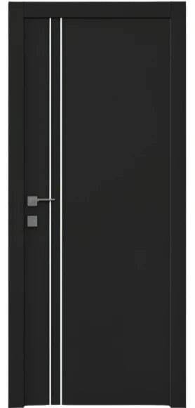 Black door with two vertical white stripes and a silver handle