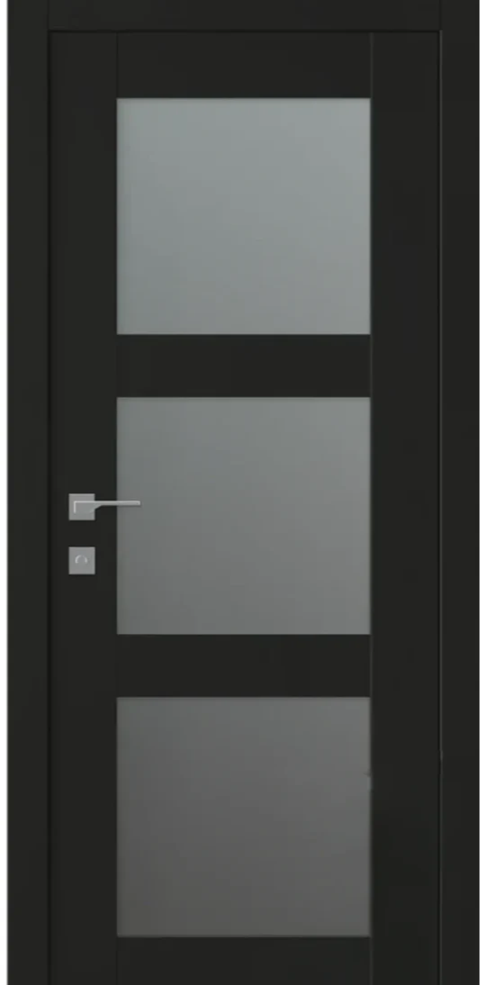 Dark wooden door with glass panels on a black background