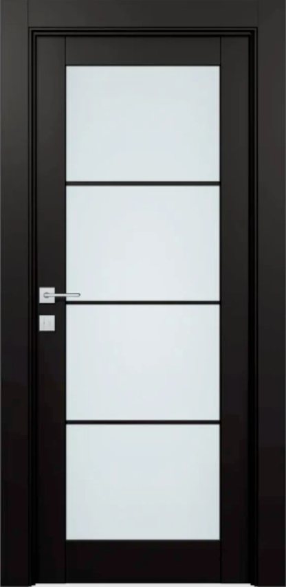 Dark wooden door with glass panels on a dark background