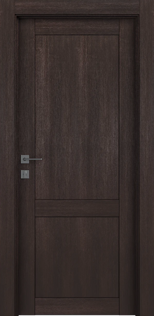 Wooden door with a dark brown finish and silver handle