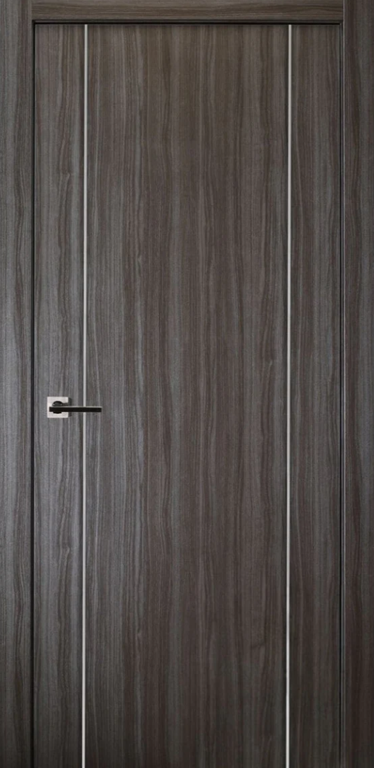 Wooden door with a metallic handle on a dark wood background