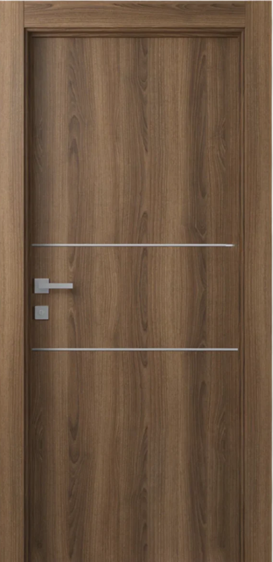Wooden door with a modern design featuring two horizontal silver handles on a wooden background.