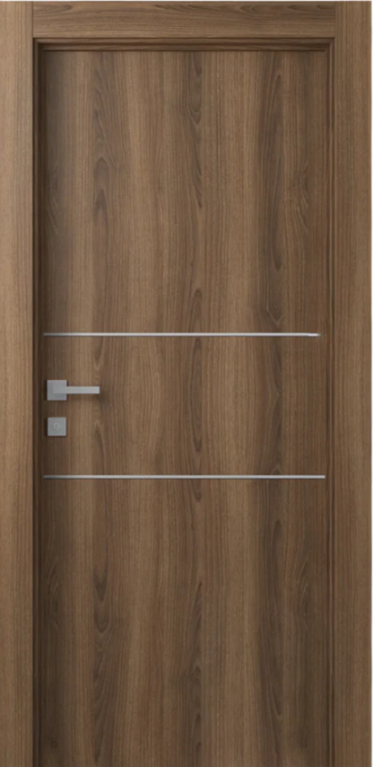 Wooden door with a modern design featuring two horizontal silver handles on a wooden background.