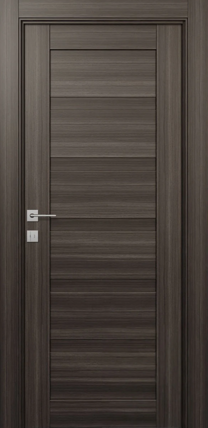 Wooden door with a modern design featuring horizontal slats.