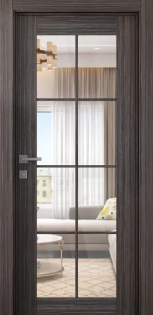 Wooden door with glass panels leading to a living room.