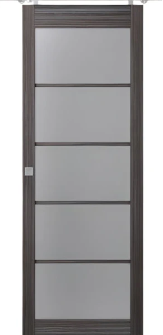 Glass door with dark frame and five frosted glass panels on a white background