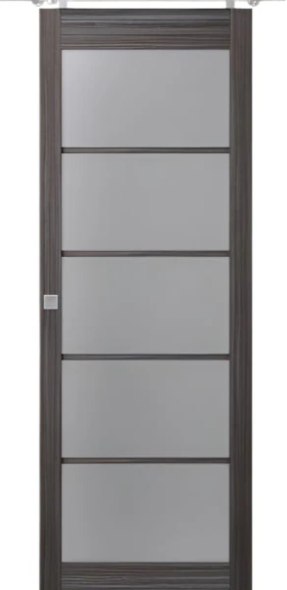 Glass door with dark frame and five frosted glass panels on a white background