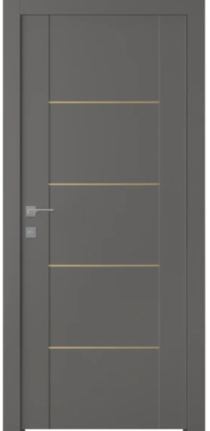 Gray door with gold accents on a white background
