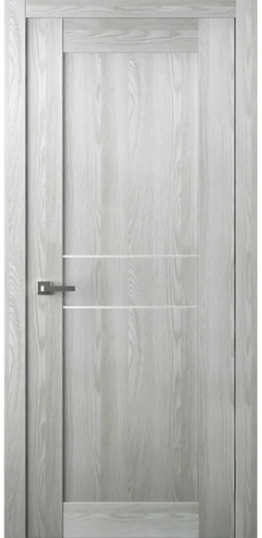 Wooden door with a silver handle on a white background