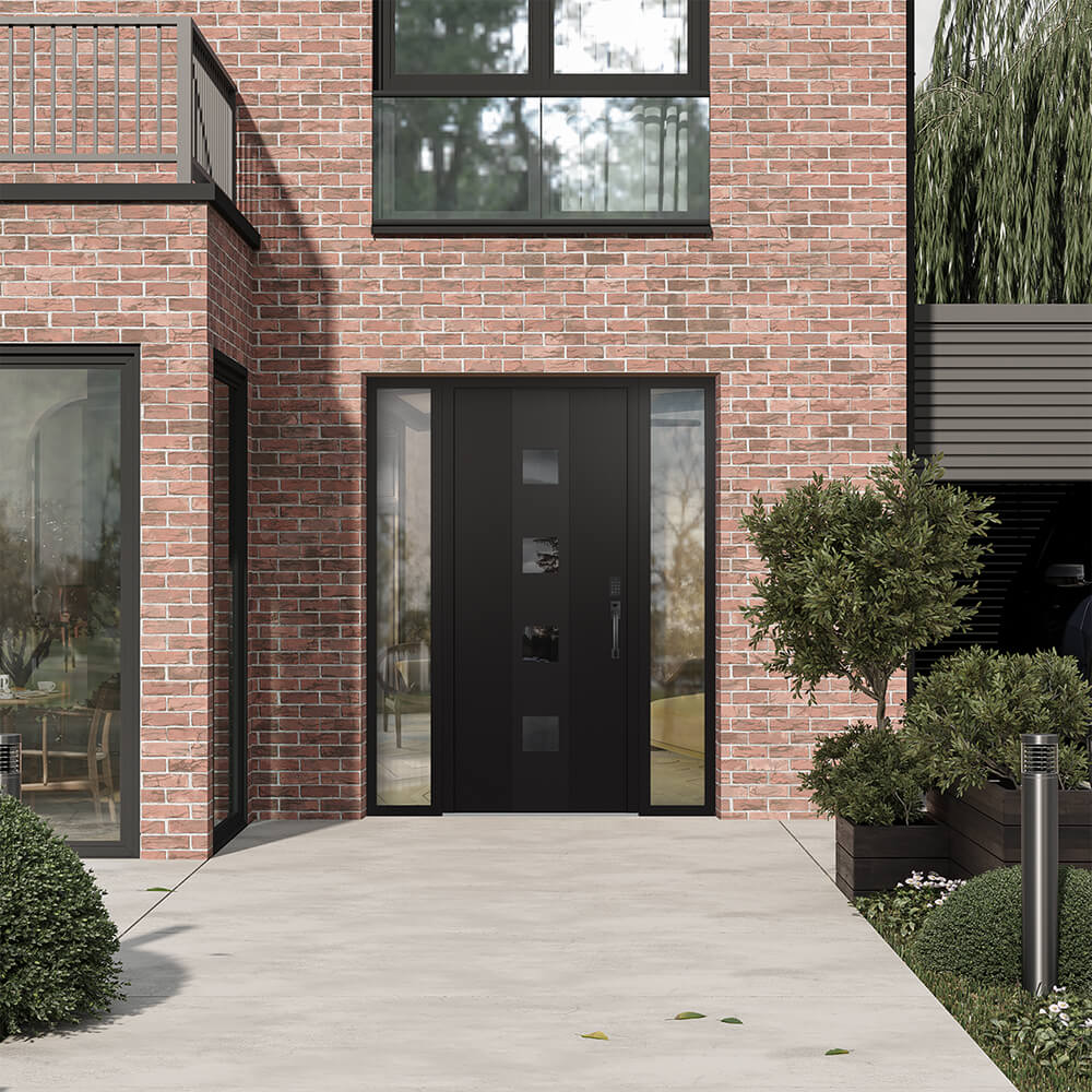 Modern Steel Front Door DIAMOND A12 60" X 80" BLACK/BLACK MIRRORED GLASS PANEL BLACK LHI WITH 2 SIDELITES MIRRORED GLASS