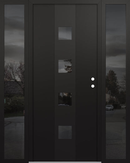 Modern Steel Front Door DIAMOND A12 60" X 80" BLACK/BLACK MIRRORED GLASS PANEL BLACK LHI WITH 2 SIDELITES MIRRORED GLASS