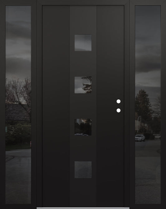 Modern Steel Front Door DIAMOND A12 60" X 80" BLACK/BLACK MIRRORED GLASS PANEL BLACK LHI WITH 2 SIDELITES MIRRORED GLASS