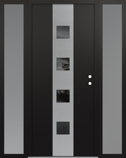 Modern Steel Front Door DIAMOND A12 60" X 80" BLACK/BLACK MIRRORED GLASS PANEL BLACK LHI WITH 2 SIDELITES MIRRORED GLASS