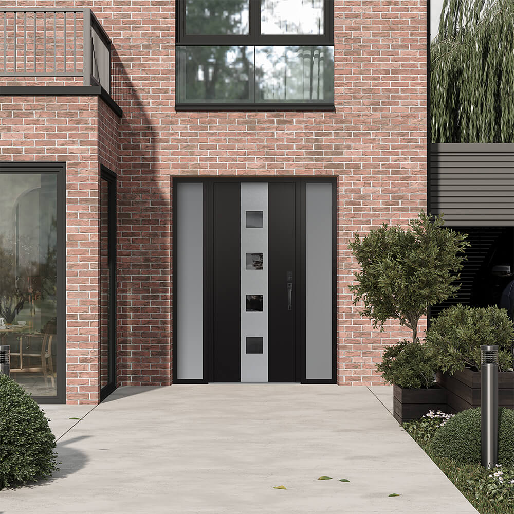 Modern Steel Front Door DIAMOND A12 60" X 80" BLACK/BLACK MIRRORED GLASS PANEL BLACK LHI WITH 2 SIDELITES MIRRORED GLASS