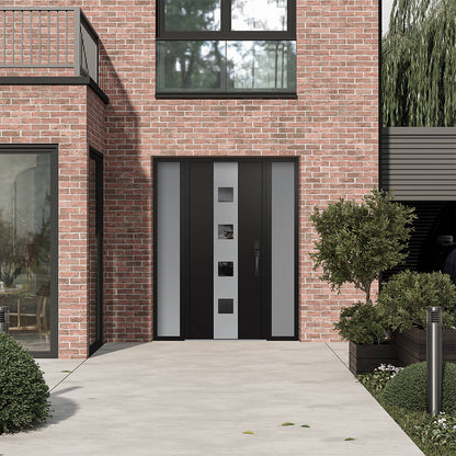 Modern Steel Front Door DIAMOND A12 60" X 80" BLACK/BLACK MIRRORED GLASS PANEL BLACK LHI WITH 2 SIDELITES MIRRORED GLASS