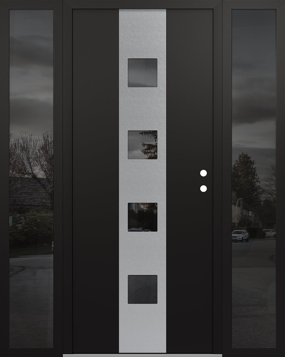 Modern Steel Front Door DIAMOND A12 60" X 80" BLACK/BLACK MIRRORED GLASS PANEL BLACK LHI WITH 2 SIDELITES MIRRORED GLASS