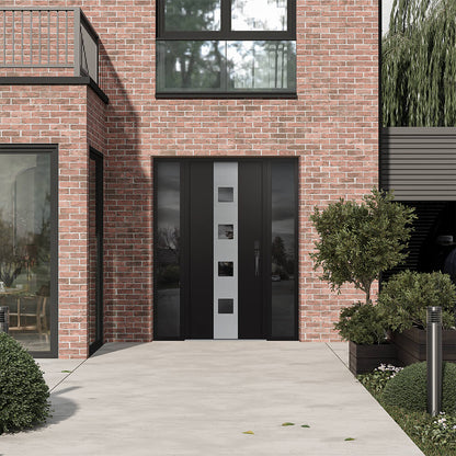 Modern Steel Front Door DIAMOND A12 60" X 80" BLACK/BLACK MIRRORED GLASS PANEL BLACK LHI WITH 2 SIDELITES MIRRORED GLASS