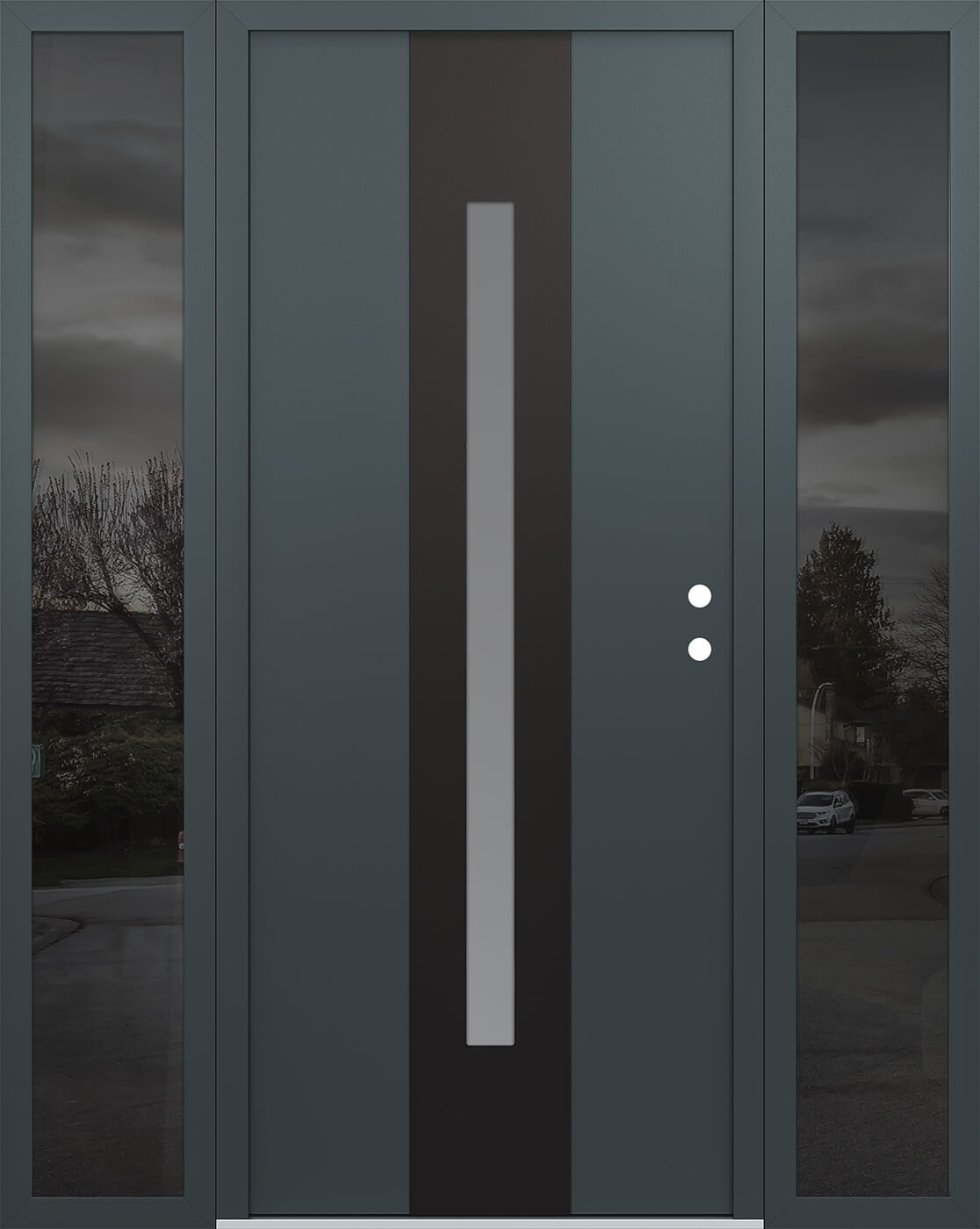 Modern Steel Front Door DIAMOND A2 60" X 80" BLACK/BLACK MIRRORED GLASS PANEL BLACK LHI WITH 2 SIDELITES MIRRORED GLASS