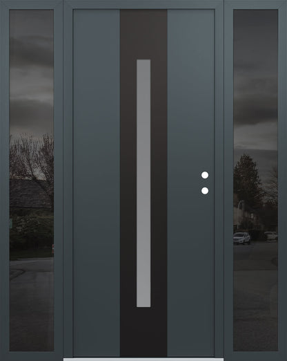 Modern Steel Front Door DIAMOND A2 60" X 80" BLACK/BLACK MIRRORED GLASS PANEL BLACK LHI WITH 2 SIDELITES MIRRORED GLASS