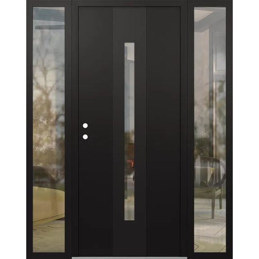 Modern Steel Front Door DIAMOND A2 60" X 80" BLACK/BLACK MIRRORED GLASS PANEL BLACK LHI WITH 2 SIDELITES MIRRORED GLASS