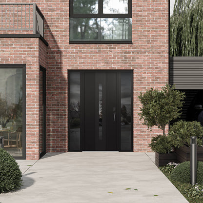 Modern Steel Front Door DIAMOND A2 60" X 80" BLACK/BLACK MIRRORED GLASS PANEL BLACK LHI WITH 2 SIDELITES MIRRORED GLASS