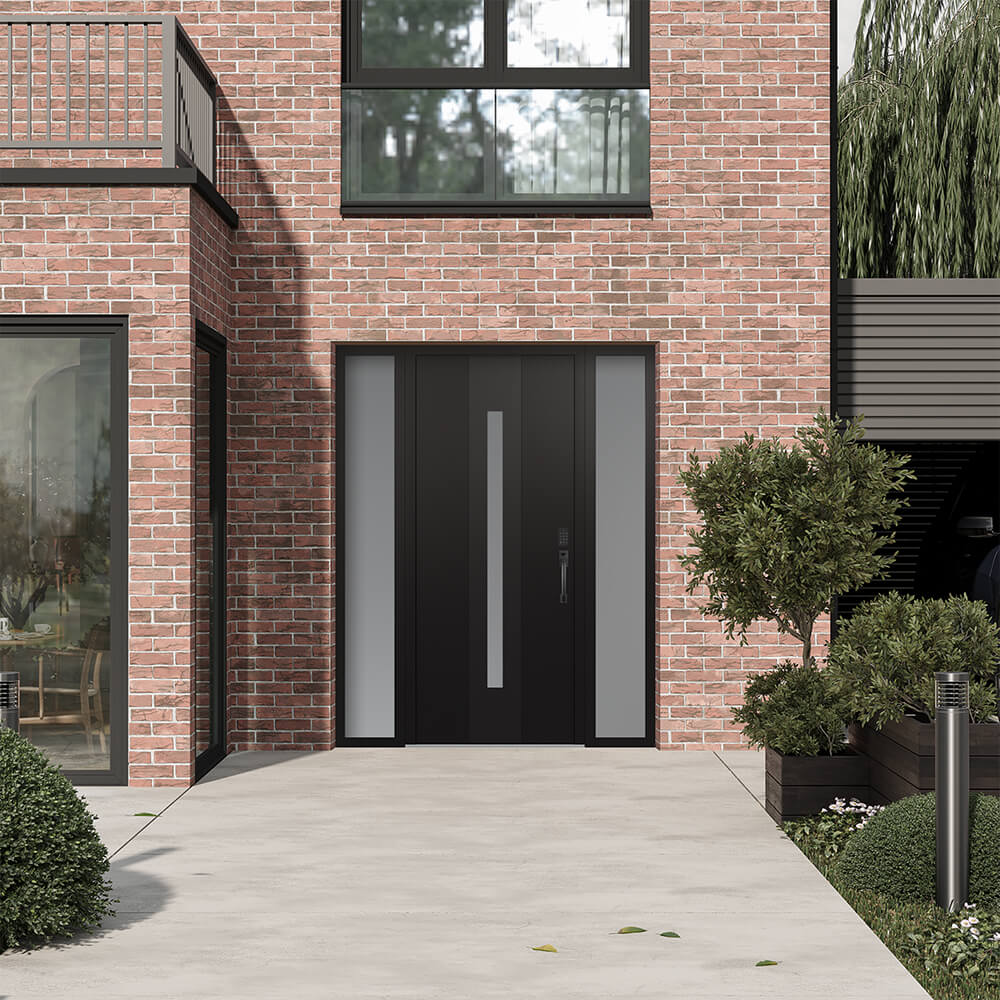 Modern Steel Front Door DIAMOND A2 60" X 80" BLACK/BLACK MIRRORED GLASS PANEL BLACK LHI WITH 2 SIDELITES MIRRORED GLASS