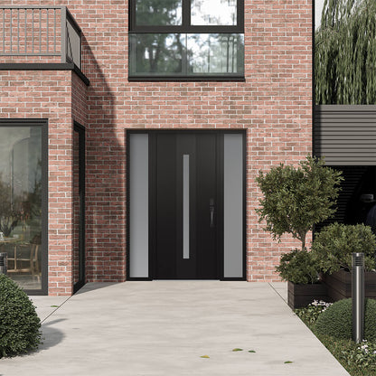 Modern Steel Front Door DIAMOND A2 60" X 80" BLACK/BLACK MIRRORED GLASS PANEL BLACK LHI WITH 2 SIDELITES MIRRORED GLASS