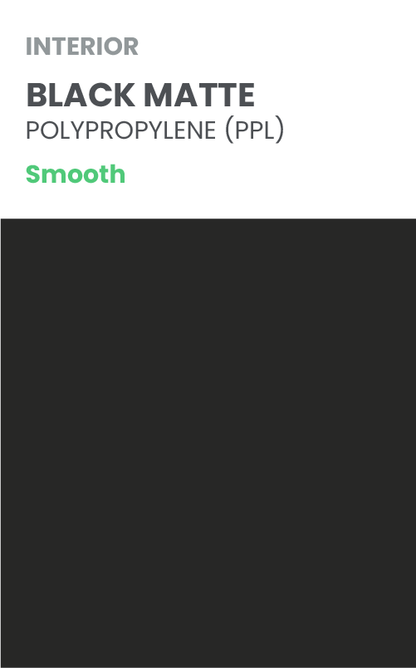 Black matte polypropylene material swatch with text indicating properties.