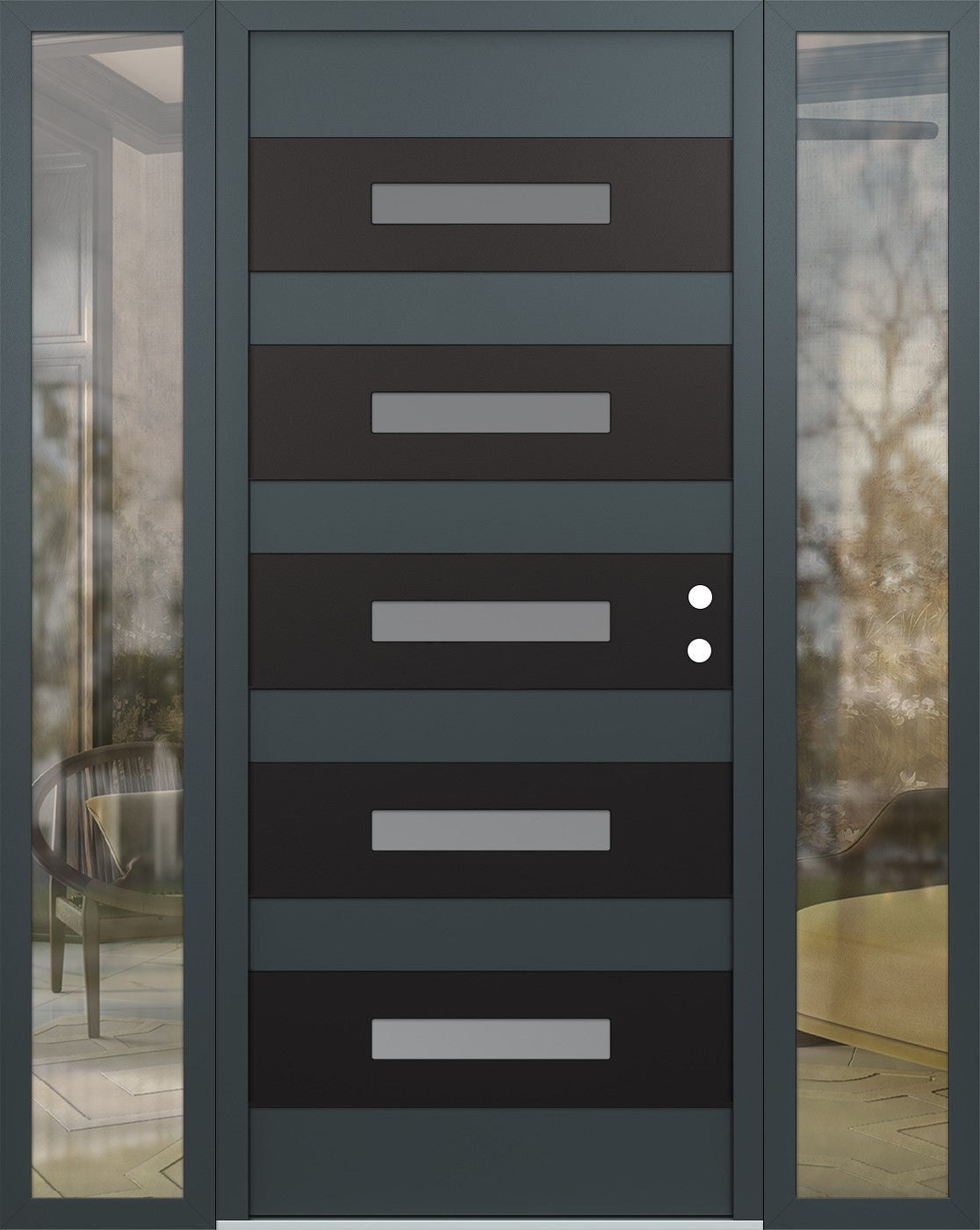 Modern Steel Front Door Diamond D9 60" x 80" black/black mirrored Glass Panel black LHI with 2 Sidelites clear Glass