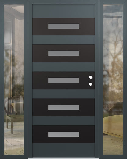 Modern Steel Front Door Diamond D9 60" x 80" black/black mirrored Glass Panel black LHI with 2 Sidelites clear Glass