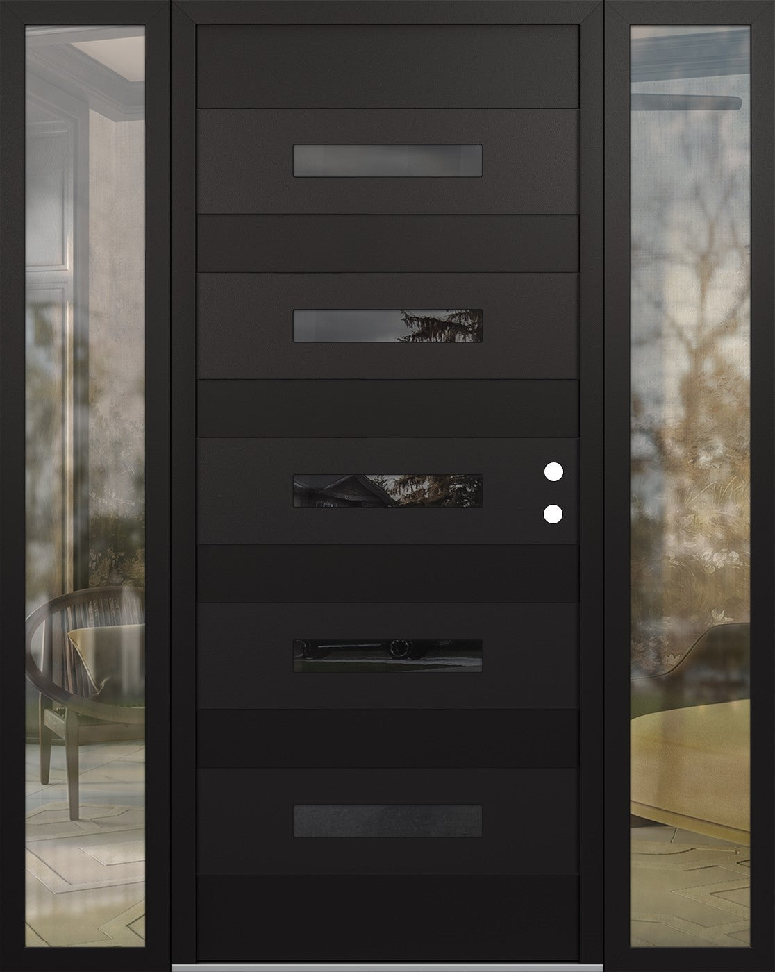 Modern Steel Front Door Diamond D9 60" x 80" black/black mirrored Glass Panel black LHI with 2 Sidelites clear Glass