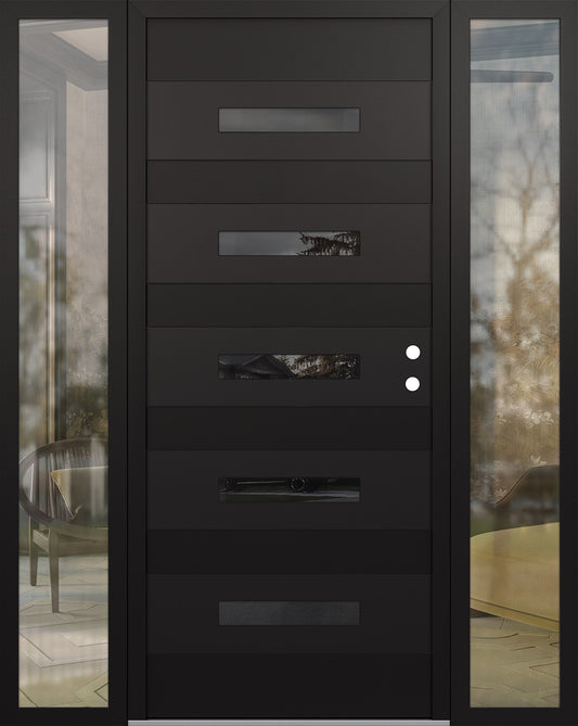 Modern Steel Front Door Diamond D9 60" x 80" black/black mirrored Glass Panel black LHI with 2 Sidelites clear Glass