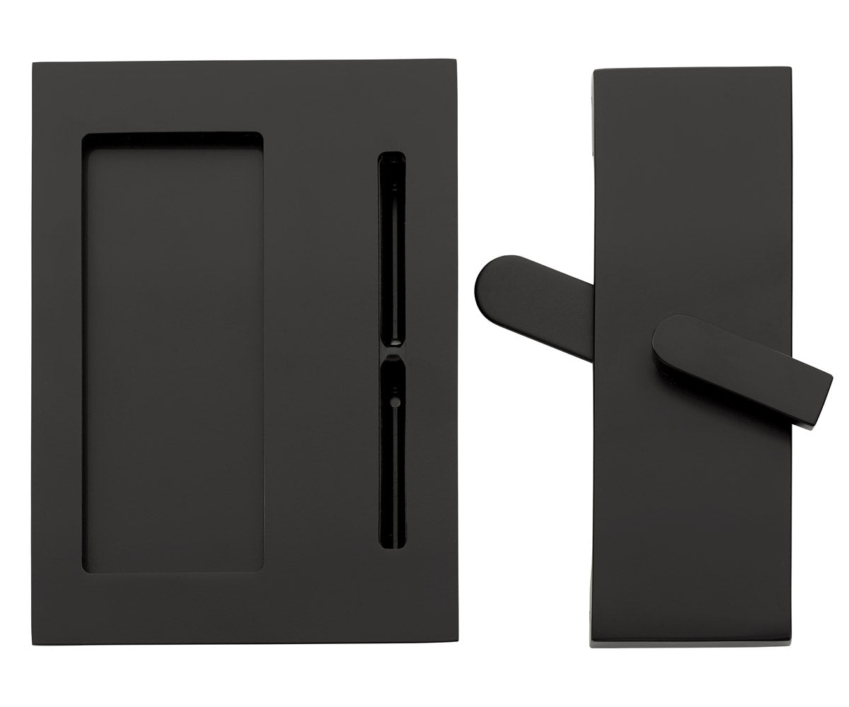 Black photo frame with a rectangular opening and two vertical slots, shown from front and side