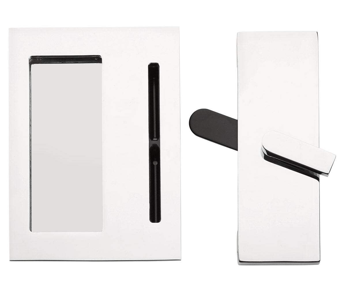Two polished chrome door handles, one flush-mounted with a rectangular recess, the other with a lever