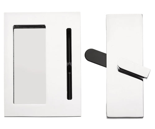 Two polished chrome door handles, one flush-mounted with a rectangular recess, the other with a lever