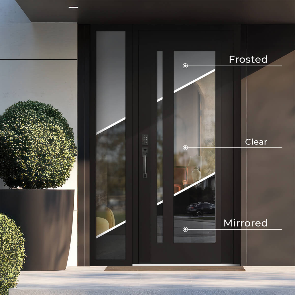 Modern Steel Front Door DIAMOND A2 60" X 80" BLACK/BLACK MIRRORED GLASS PANEL BLACK LHI WITH 2 SIDELITES MIRRORED GLASS