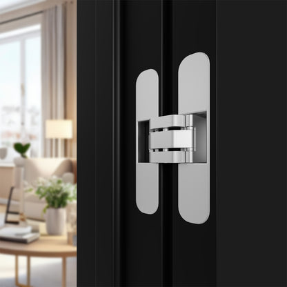 Close-up of a modern door handle on a black door with a blurred interior background