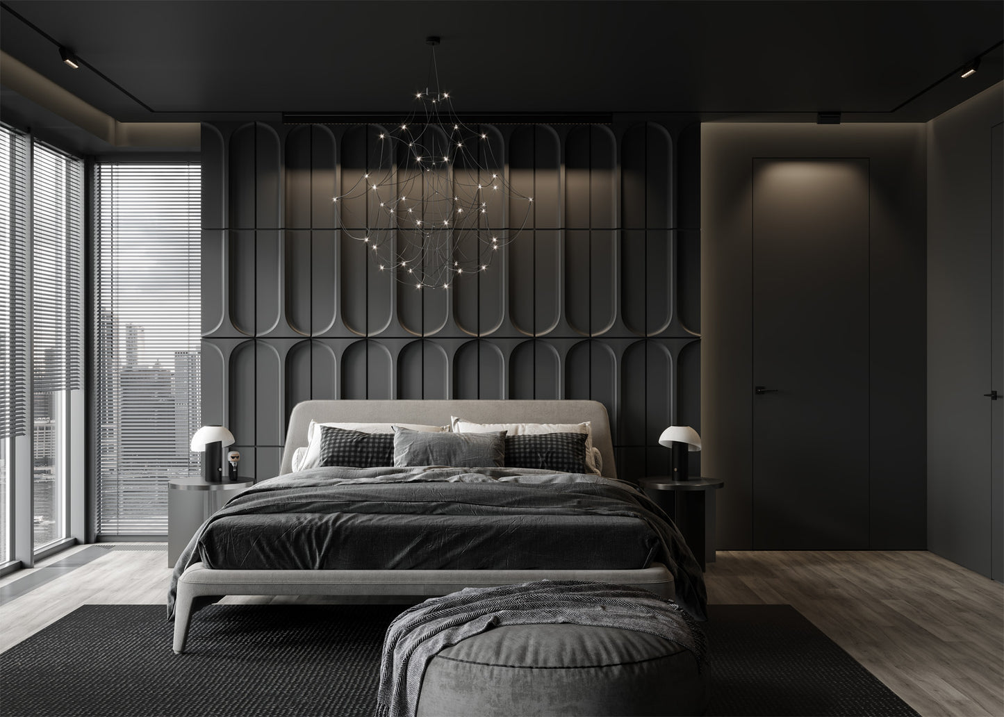Modern bedroom with dark grey door