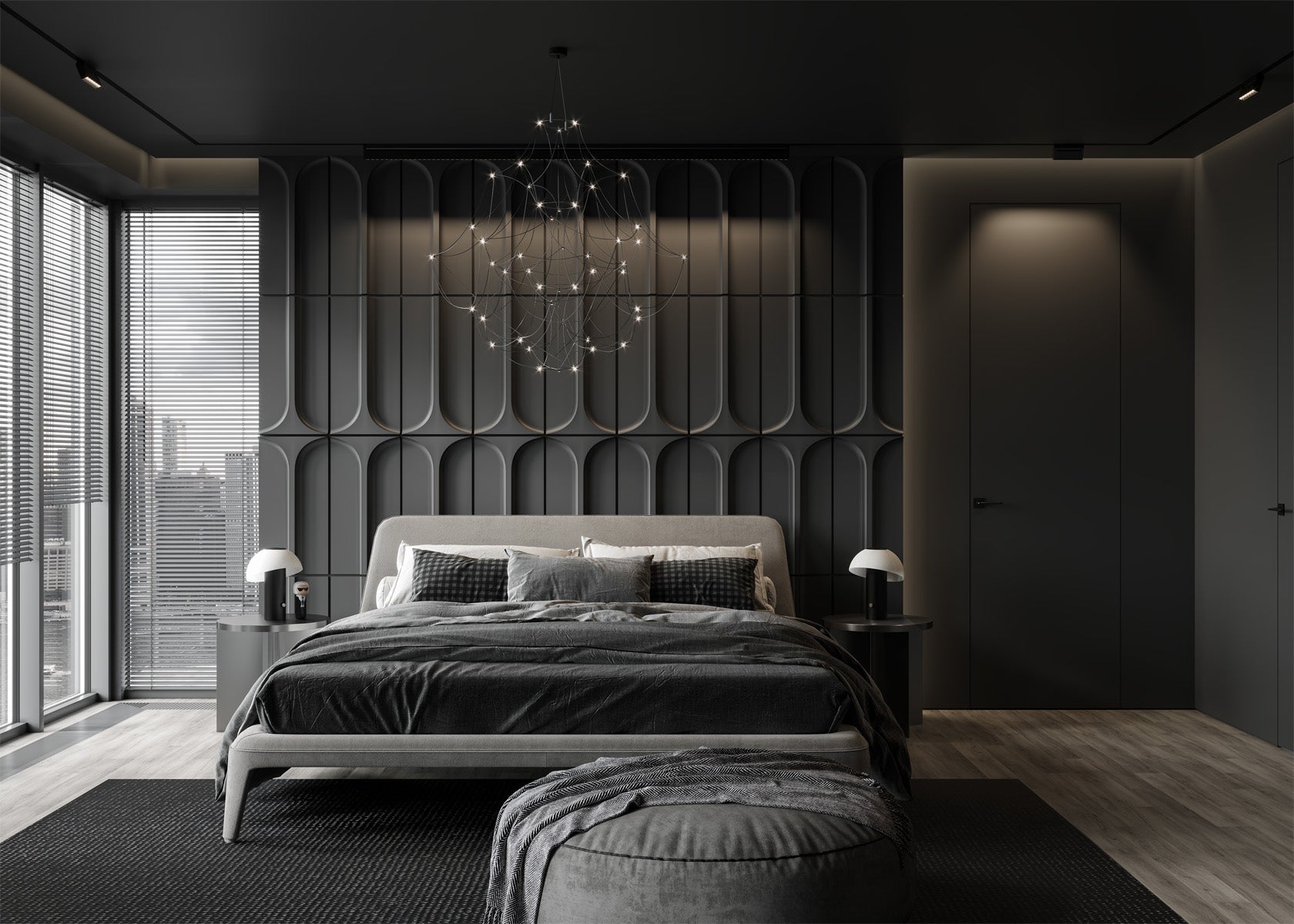 Modern bedroom with dark grey door