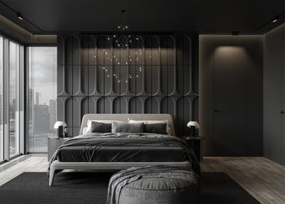 Modern bedroom with dark grey door