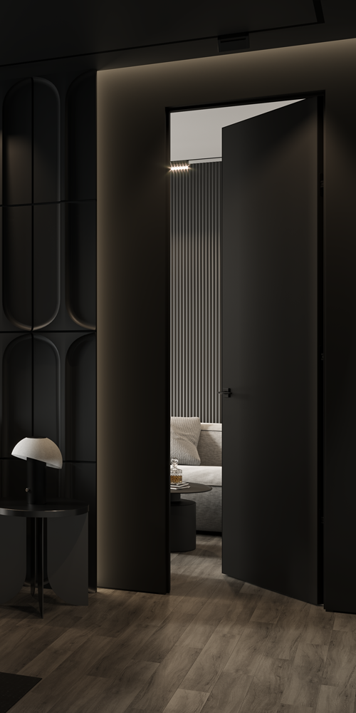 Modern interior with a dark door opening to a living room.