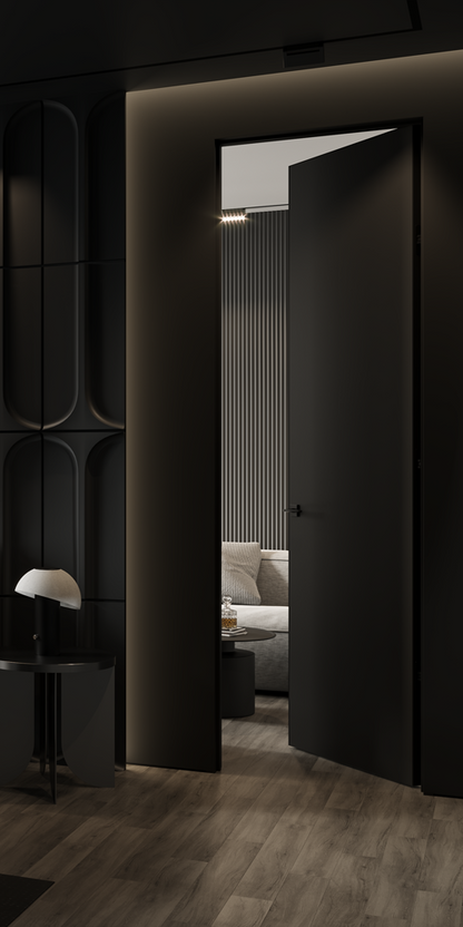 Modern interior with a dark door opening to a living room.